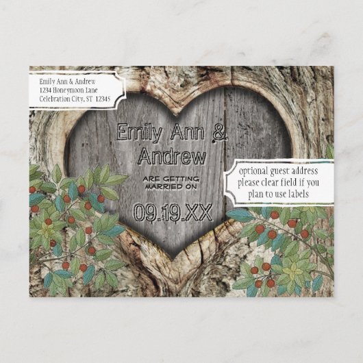 Bosbruiloft Rustic Heart in Boom Sparen de Datum Aankondigingskaart (Achterkant)