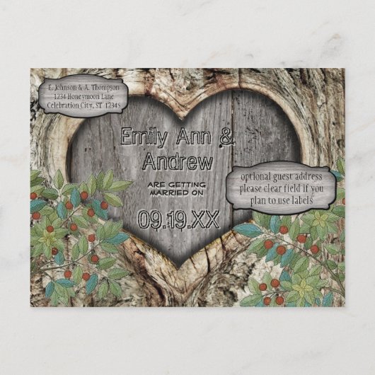 Bosbruiloft Rustic Heart in Boom Sparen de Datum Aankondigingskaart (Achterkant)