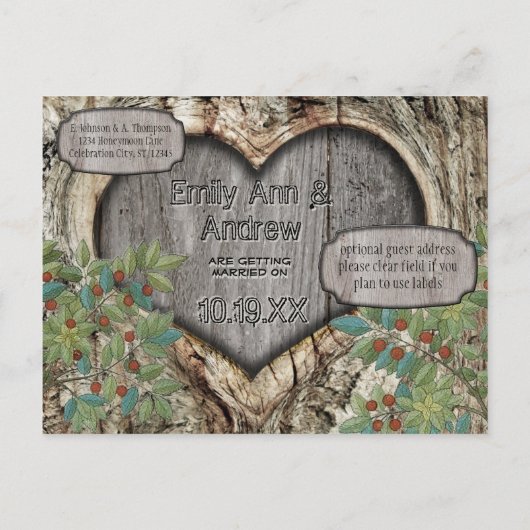 Bosbruiloft Rustic Heart in Boom Sparen de Datum Aankondigingskaart (Achterkant)