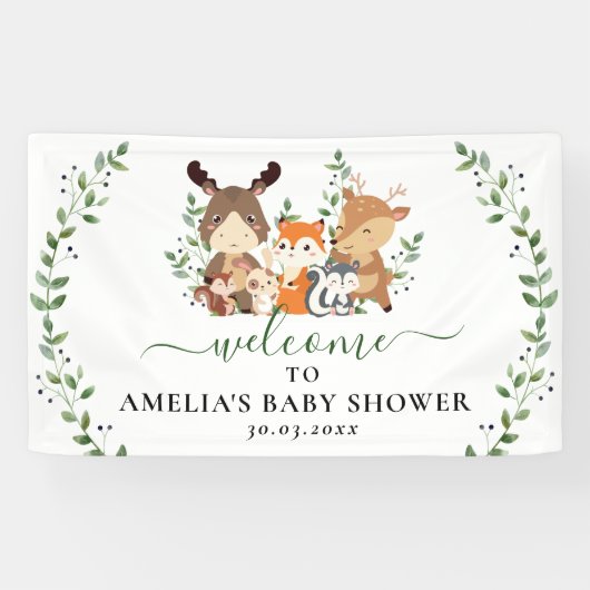Boschic groen bosdieren Baby Shower Spandoek (Horizontaal)