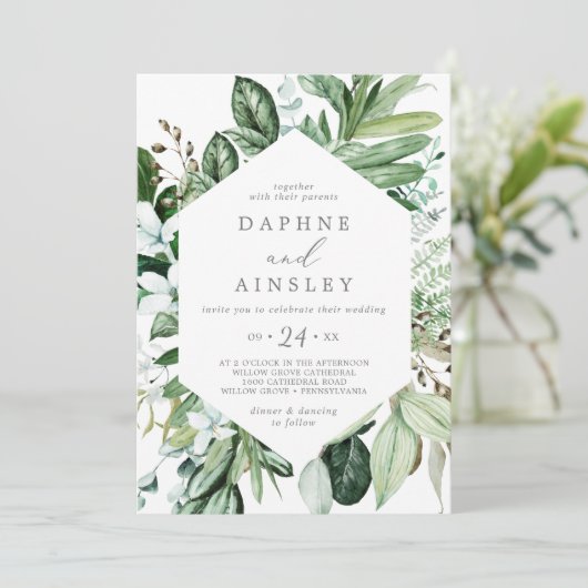 Boschtuin groene casual trouwuitnodiging kaart (Staand voorkant)