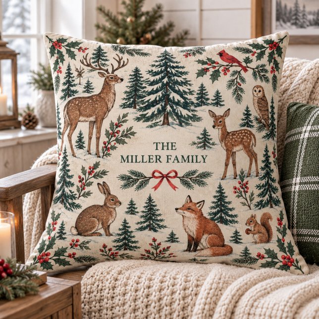 Bosdier Aangepaste Familienaam Kussen (Custom family name holiday pillow featuring a vintage woodland forest animal toile pattern.)