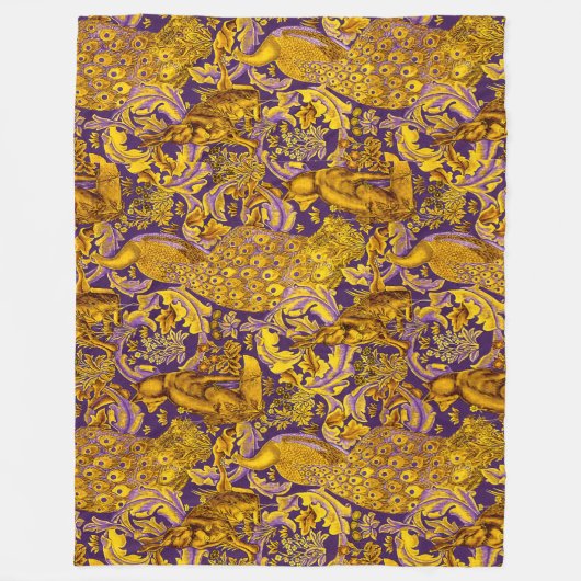 BOSDIER, FOX, PEACOCK, HARE GOUDE PAARSE STROOM FLEECE DEKEN (Voorkant)