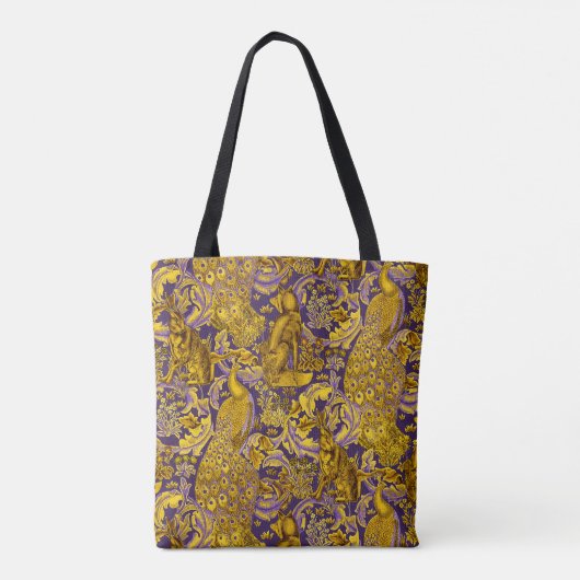BOSDIER, FOX, PEACOCK, HARE GOUDE PAARSE STROOM TOTE BAG (Achterkant)
