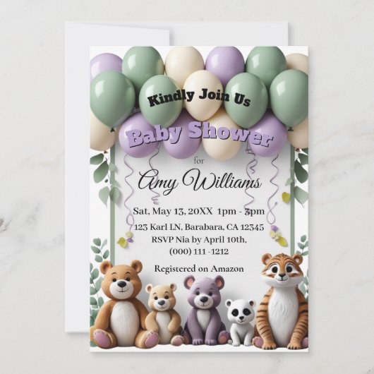 Bosdier groene en lavendel baby shower kaart (Voorkant)