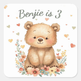Bosdier Knuffel Beer Pastel Harten Bloemmotief Vierkante Sticker