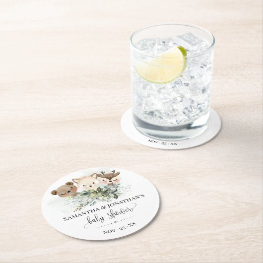 Bosdierbossen Baby shower Greenery Ronde Kartonnen Onderzetter (Insitu)