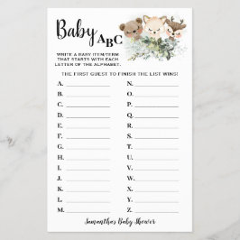 Bosdieren Baby ABC Baby Shower Spelkaart Flyer