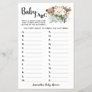 Bosdieren Baby ABC Baby Shower Spelkaart Flyer