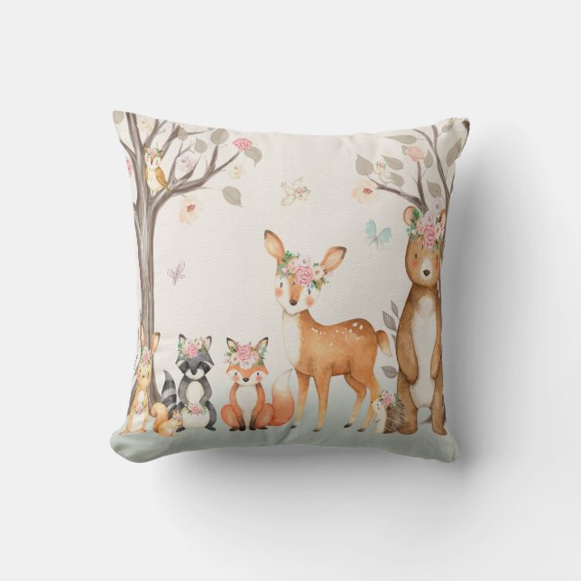Bosdieren Baby Meisje Nursery Boho Kussen (Voorkant)