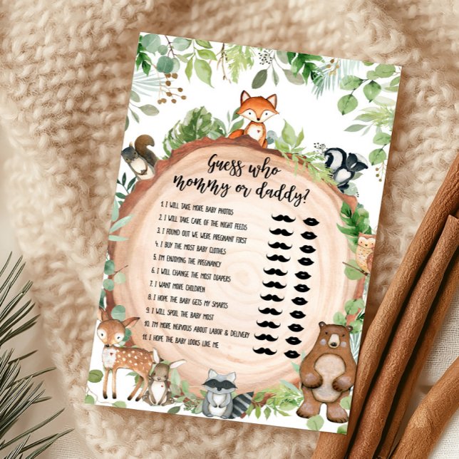 Bosdieren Baby Shower Bingo Spel (Wood Slice Woodland Baby Shower Guess Who Mommy or Daddy Game)