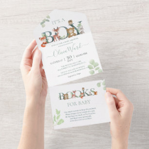 Bosdieren Baby Shower   Boeken voor baby All In One Uitnodiging