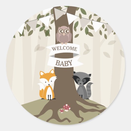 Bosdieren Baby shower Neutraal Ronde Sticker (Voorkant)