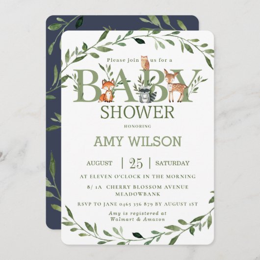 Bosdieren Baby Shower Wisselende Groene Tinten Kaart (Voorkant / Achterkant)