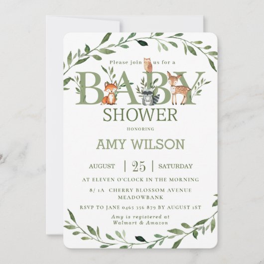 Bosdieren Baby Shower Wisselende Groene Tinten Kaart (Voorkant)