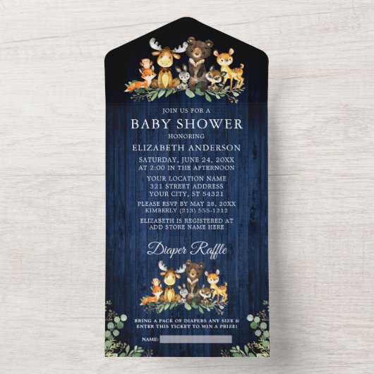 Bosdieren Blauw Hout Baby shower en Raffle All In One Uitnodiging (Binnen)