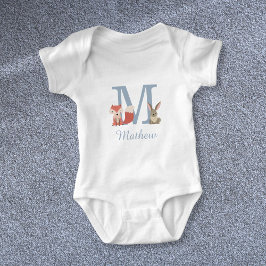 Bosdieren Blauwe Baby Jongen Initiaal Monogram Romper