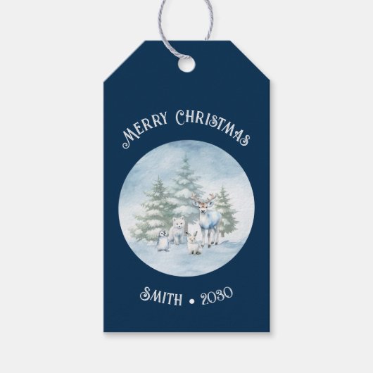 Bosdieren Blauwe Kerst Cadeaulabel (Voorkant)