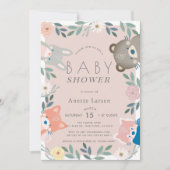 Bosdieren Bloem Roze Meisje Baby Shower Kaart (Voorkant)