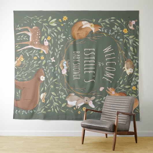 Bosdieren bos babyshower welkomstbord wandkleed (In Situ (horizontaal))