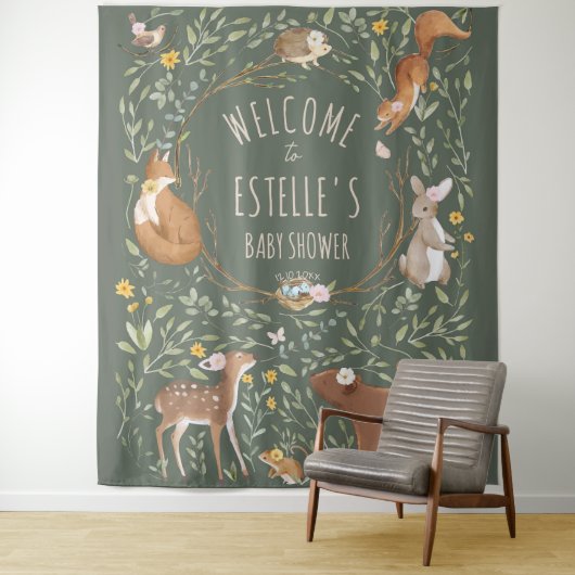 Bosdieren bos babyshower welkomstbord wandkleed (In situ)