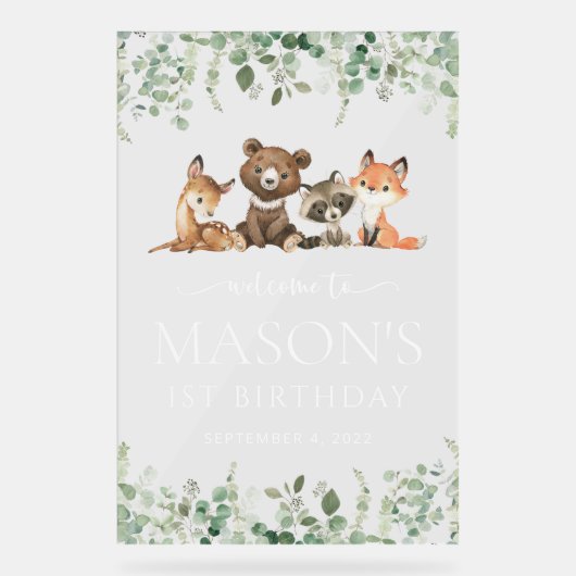 Bosdieren, Bos, Eerste Verjaardag Welkom Acryl Bord (Voorkant)