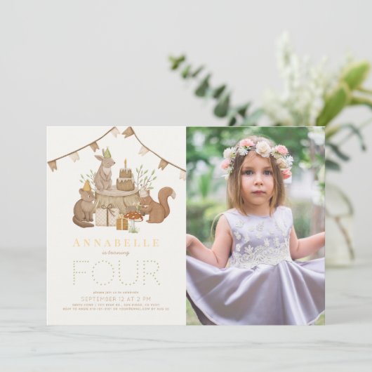 Bosdieren Bos Feestje Kinderen Verjaardag Foto Kaart (Staand voorkant)