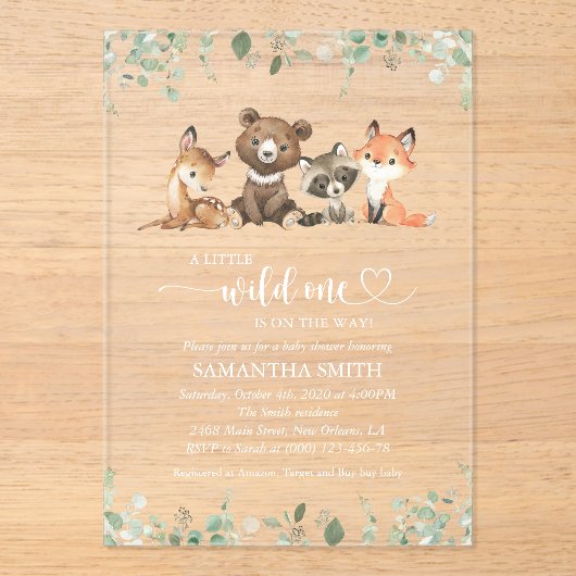 Bosdieren, Bos, Wilde, Baby shower Acryl Uitnodigingen (Voorkant)