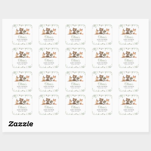 Bosdieren, Bos, Wilde, Baby shower Vierkante Sticker (Vel)
