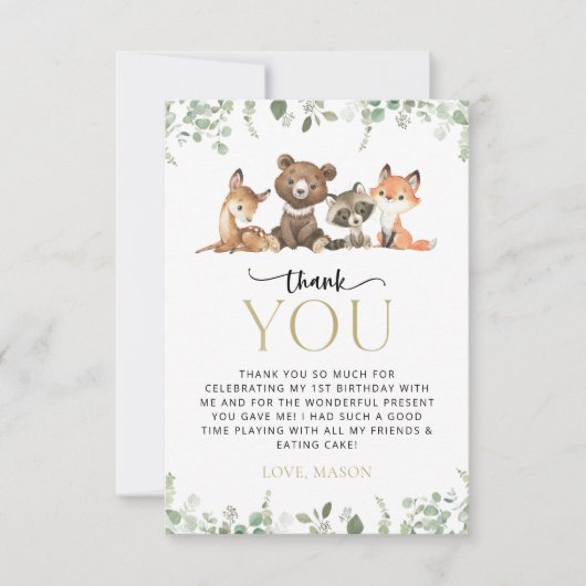 Bosdieren, Bos, Wilde, Eerste verjaardag Bedankkaart (Voorkant)