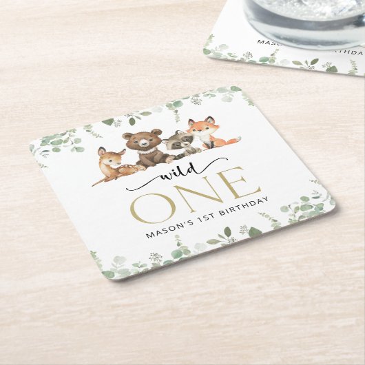 Bosdieren, Bos, Wilde, Eerste verjaardag Kartonnen Onderzetters (Schuin)