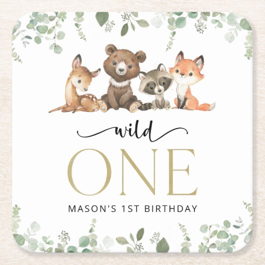 Bosdieren, Bos, Wilde, Eerste verjaardag Kartonnen Onderzetters (Voorkant)