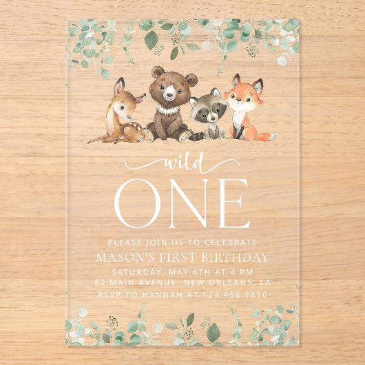 Bosdieren, Bos, Wildebras, Eerste verjaardag Acryl Uitnodigingen (Voorkant)