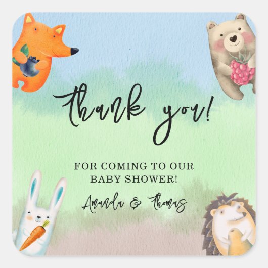 Bosdieren - dank u baby shower vierkante sticker (Voorkant)