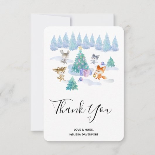 Bosdieren dansen rond de kerstboom bedankkaart (Voorkant)