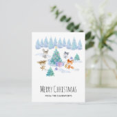 Bosdieren dansen rond de kerstboom briefkaart (Staand voorkant)