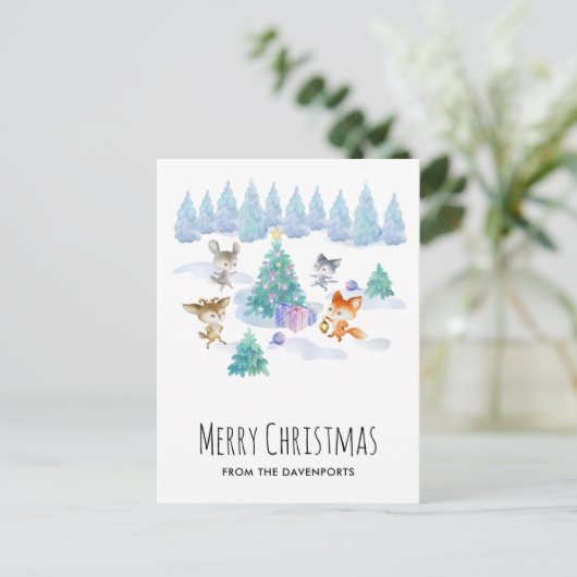 Bosdieren dansen rond de kerstboom briefkaart (Staand voorkant)