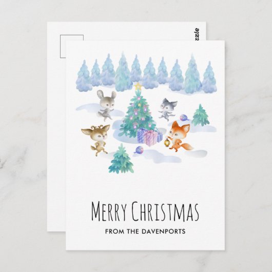 Bosdieren dansen rond de kerstboom briefkaart (Voorkant / Achterkant)