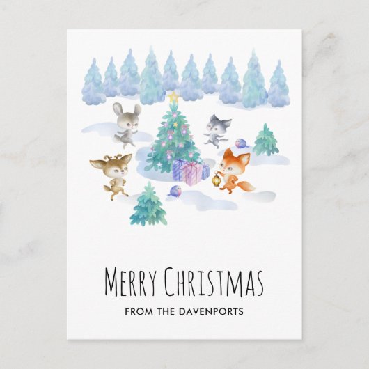 Bosdieren dansen rond de kerstboom briefkaart (Voorkant)