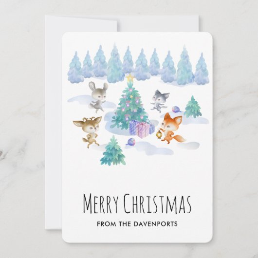 Bosdieren dansen rond de kerstboom feestdagenkaart (Voorkant)