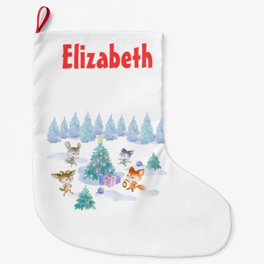 Bosdieren dansen rond de kerstboom grote kerstsok (Voorkant)