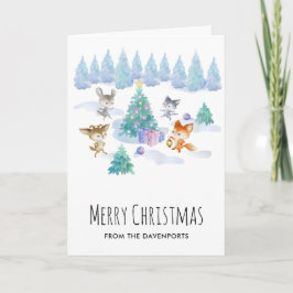 Bosdieren dansen rond de kerstboom kaart