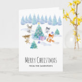 Bosdieren dansen rond de kerstboom kaart (Gele Bloem)