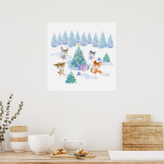 Bosdieren dansen rond de kerstboom poster (Keuken)