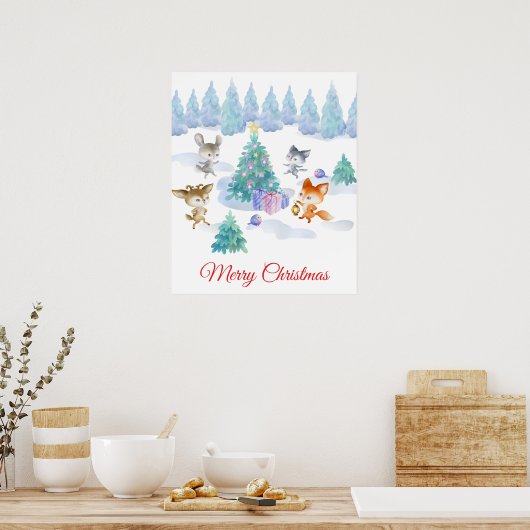 Bosdieren dansen rond de kerstboom poster (Keuken)