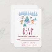 Bosdieren dansen rond de kerstboom RSVP kaartje (Voorkant / Achterkant)