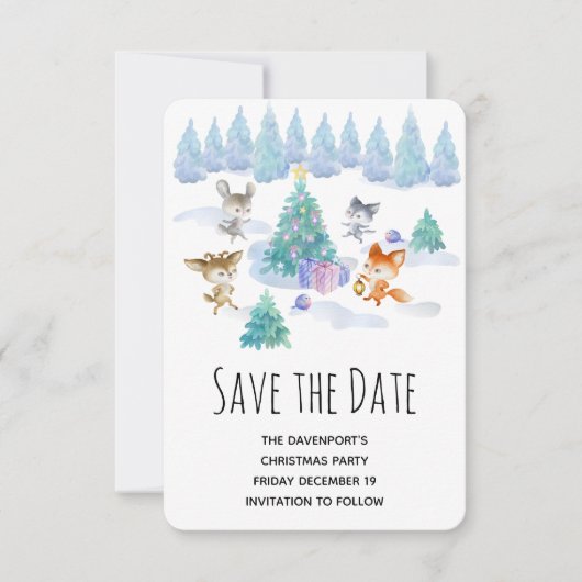 Bosdieren dansen rond de kerstboom save the date (Voorkant)