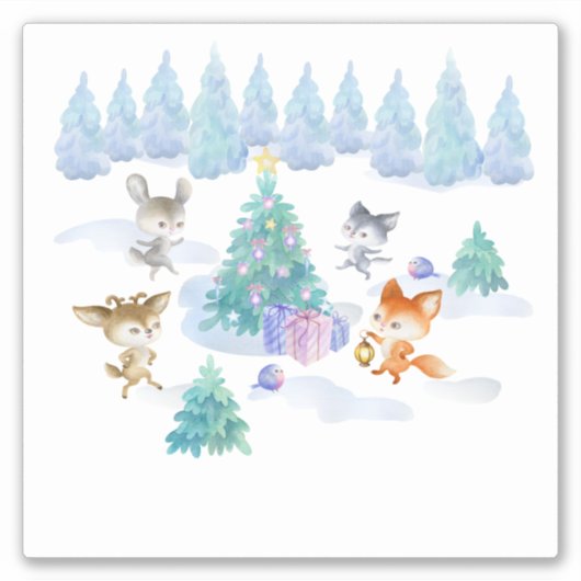 Bosdieren dansen rond de kerstboom sticker (Voorkant)