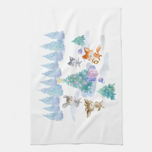 Bosdieren dansen rond de kerstboom theedoek (Verticaal)
