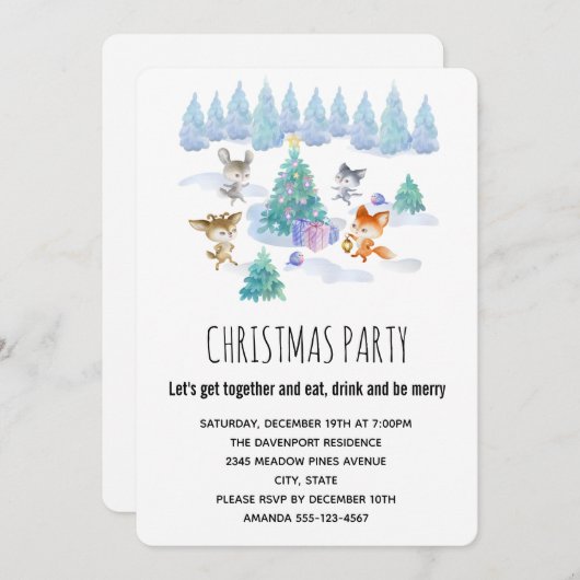 Bosdieren dansen rond kerstboomfeest kaart (Voorkant / Achterkant)